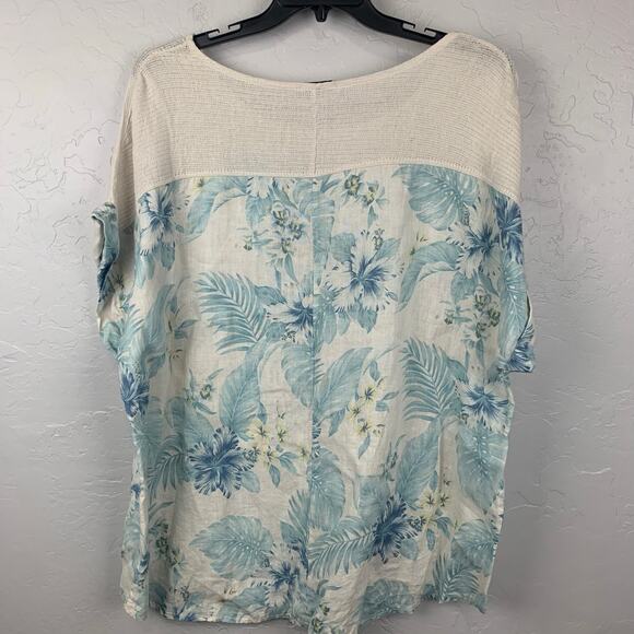 Made in Italy 100% Linen Top Womens Size 3X Cream Blue Floral Flowy Cap Sleeve - Picture 2 of 9